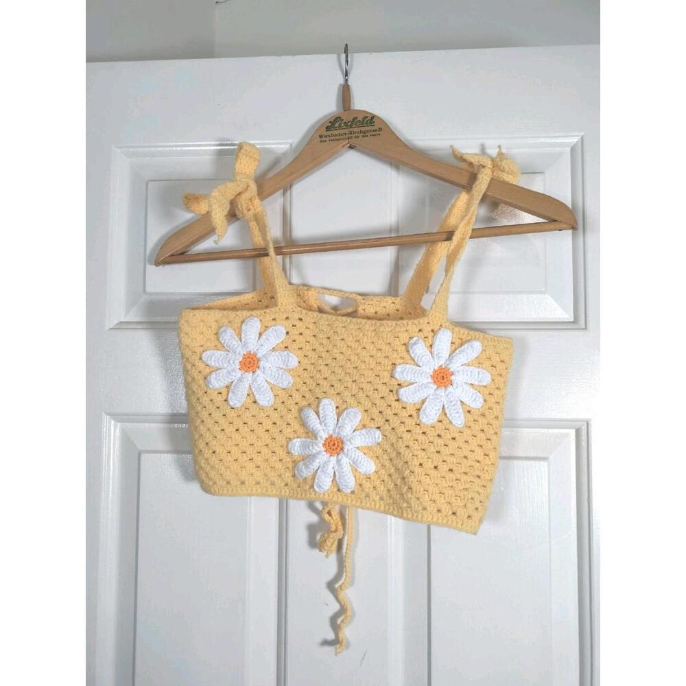 Daisy Crochet Crop Top - Yellow Boho Festival Tank - Size XS/S